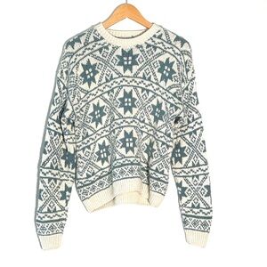 L.L. Bean Women’s Vintage Fair Isle Sweater Nordic Snowflake Teal Cream